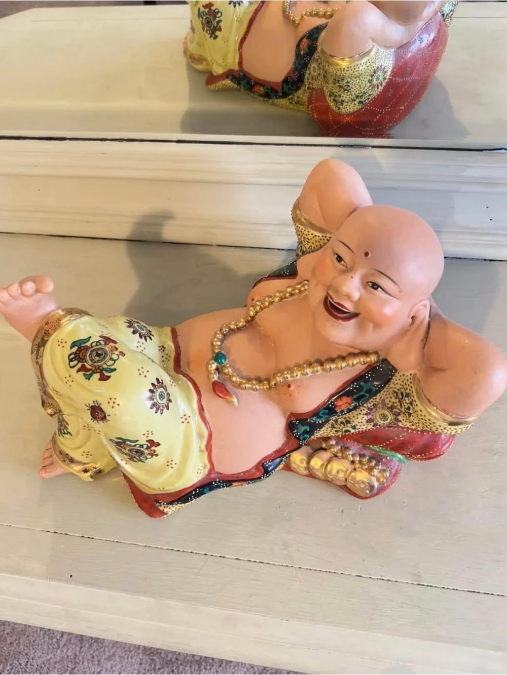 Vintage Cheerful Yellow Reclining Laughing Buddha Figurine - Home Accent Statue